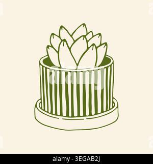 Elegant hand drawn vector sketch of a blooming succulent houseplant in a striped decorative pot with a saucer. Botanical line art perfect for eco Stock Vector