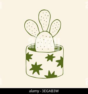 Cute hand drawn vector illustration of an Opuntia prickly pear cactus in a stylish pot decorated with stars. Minimalist botanical line art for desert Stock Vector