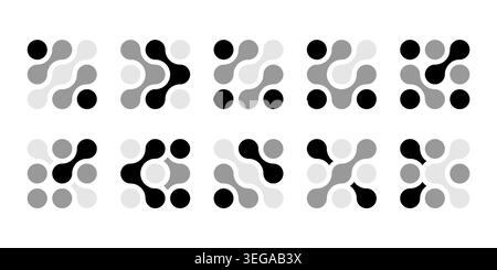 Abstract connected circles and dots icon. Integrate innovate logo, vector technology shape. Neuron Nano molecula, artificial brain symbol. Network sci Stock Vector