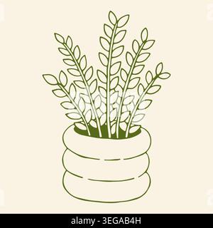 Hand drawn vector illustration of a ZZ plant with vertical stems and small leaves in a modern ribbed ceramic pot. Green line art isolated on a light Stock Vector
