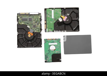 Different hard disk drives on white background Stock Photo