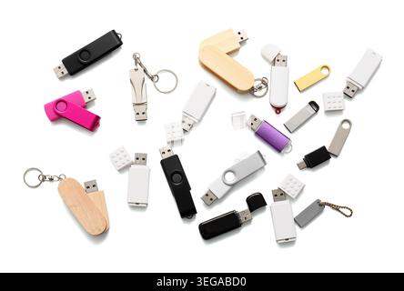 Composition with different USB flash drives on white background Stock Photo