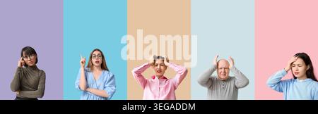 Collage of thoughtful people on color background Stock Photo