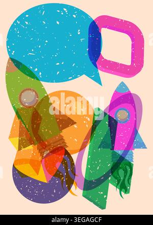 Risograph Rocketship with speech bubble with geometric shapes. Objects in trendy riso graph print texture style design with geometry elements. Stock Vector