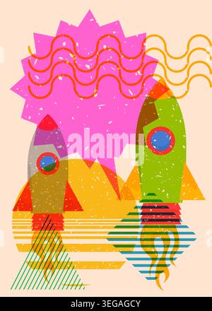Risograph Rocketship with speech bubble with geometric shapes. Objects in trendy riso graph print texture style design with geometry elements. Stock Vector