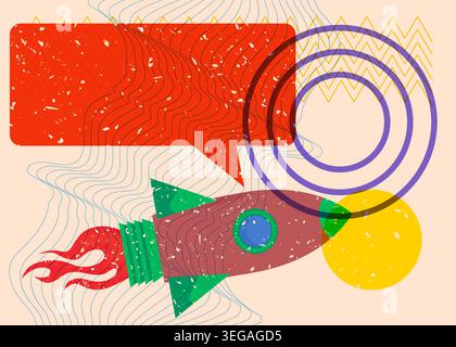 Risograph Rocketship with speech bubble with geometric shapes. Objects in trendy riso graph print texture style design with geometry elements. Stock Vector