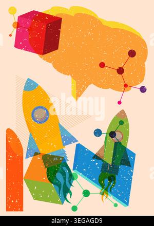 Risograph Rocketship with speech bubble with geometric shapes. Objects in trendy riso graph print texture style design with geometry elements. Stock Vector