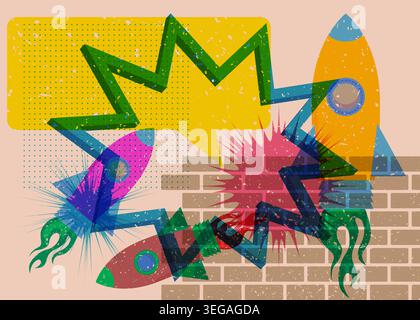 Risograph Rocketship with speech bubble with geometric shapes. Objects in trendy riso graph print texture style design with geometry elements. Stock Vector