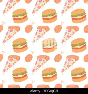 Fast food seamless pattern with hand drawn burger pizza and chicken leg for cafe menu and packaging design Stock Vector