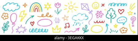 Kid line crayon cute set. Hand drawn kid line icon flower heart star pastel pencil sketch. Children rainbow cloud play smile kindergarten fun crayon background. Vector illustration Stock Vector