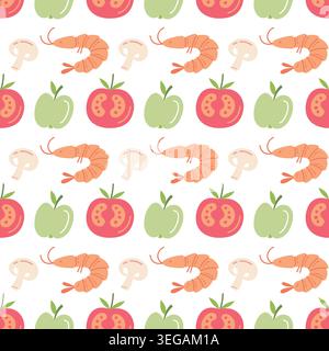 Food seamless pattern with hand drawn shrimp tomato mushroom and apple for kitchen fabric and packaging design Stock Vector