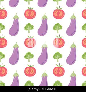 Vegetable seamless pattern with hand drawn eggplant tomato and broccoli for kitchen fabric and healthy food packaging Stock Vector