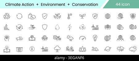 Climate Action Environment Conservation Icon Set, Eco Sustainability Line Vector Icons for Green Energy Nature Protection and Environmental Awareness Stock Vector