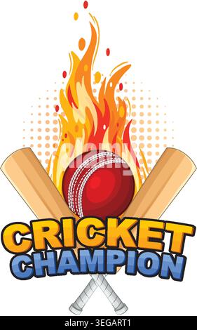 Dynamic vector graphic of a red cricket ball on fire with crossed wooden bats Stock Vector