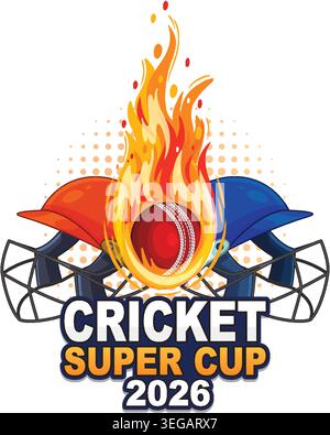Dynamic vector graphic of a flaming cricket ball between red and blue batting helmets Stock Vector