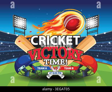 Dynamic vector illustration of a cricket match announcement with flaming ball and stadium lights Stock Vector
