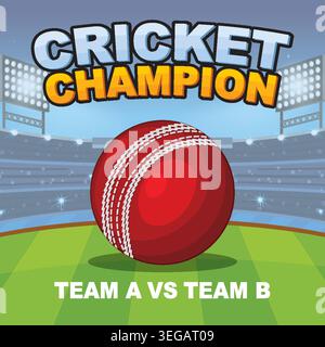 Cartoon vector illustration of a cricket ball on grass with stadium lights and text Stock Vector