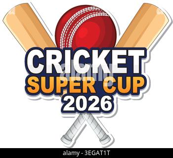 Flat vector illustration of a cricket ball and crossed bats for a 2026 tournament Stock Vector