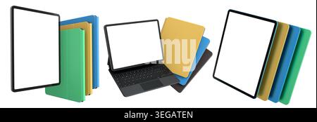 Multiple black-framed digital tablets stacked with colorful sheets, isolated on white background, concept of technology and modern devices Stock Photo