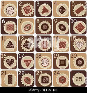 Cute hand drawn Christmas advent calendar with chocolate candies different types and forms. Countdown holiday calendar. Doodles. Surprise cards Stock Photo