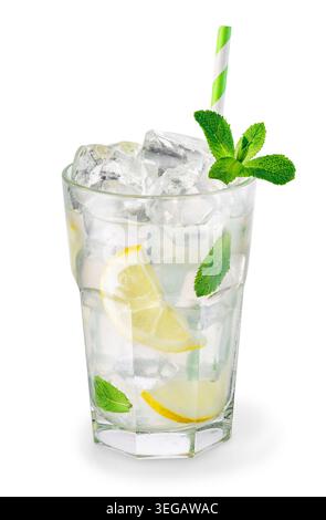 Refreshing lemonade in glass with ice, lemon slices and fresh mint leaves isolated on white background Stock Photo