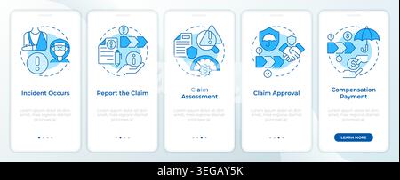 Claim handling steps blue onboarding mobile app screen Stock Vector