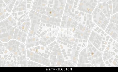 Simple city plan with pins and buildings. Abstract city map urban streets and road networks. Travel route planning and map navigation concepts. Flat Stock Vector