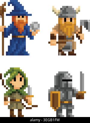 Adventurer Classes Fantasy Pixel Art Cartoon Set Stock Vector