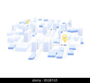 Isometric navigation on city concept. Geolocation yellow pin on street. City map with route. Tourism and travel. Vector illustration isolated on white Stock Vector