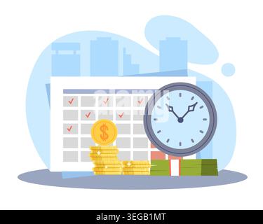 Save time and money. Cash payment terms by hour and calendar, schedule with clock, planning of financial expenses, financial planning, billing cycles Stock Vector