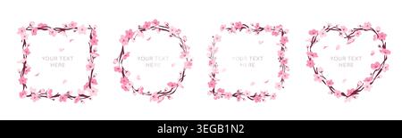 Sakura twigs frames. Delicate and beautiful borders, different shape, pink cherry flowers branches, japanese blooming tree, romantic spring decoration Stock Vector