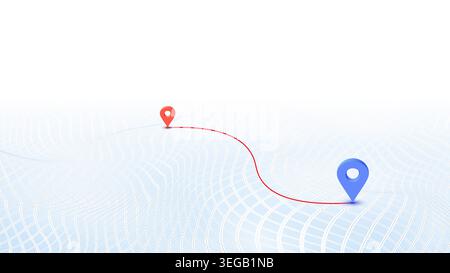 Map navigation concept. Route planning with location pin on grid terrain. Red and blue location pin connected by path. Undulating grid surface Stock Vector