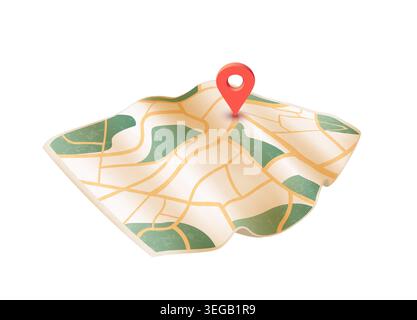 Location Map. GPS navigation on folded paper map, highlighted route to red pin. Location tracking and mapping concept, clear path. Vector illustration Stock Vector