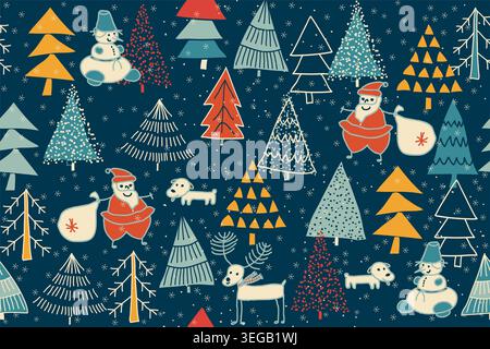 Christmas seamless pattern for greeting cards, wrapping paper. Hand drawn winter background from doodle Christmas trees, Santa, snowflakes, deer, dogs Stock Photo