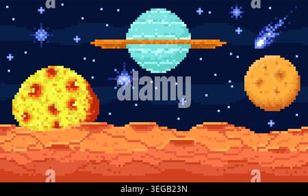 Pixel space landscape. View from planet surface, stars and craters, retro video game assets, cosmic location, simple minimalistic 8bit background, sci Stock Vector