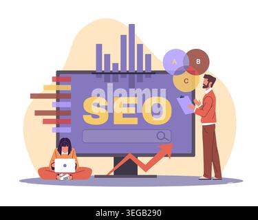 Optimization of search results on website. Search engine seo, users testing app, marketers analyzing SEO dashboard, digital marketing strategy Stock Vector