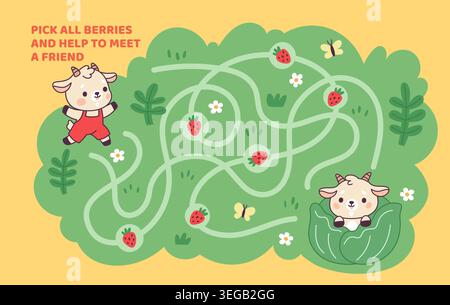 Kawaii goat maze game. Cute baby goats in garden, funny horned animals, kids entertainment labyrinth, cartoon country characters, playful logic Stock Vector