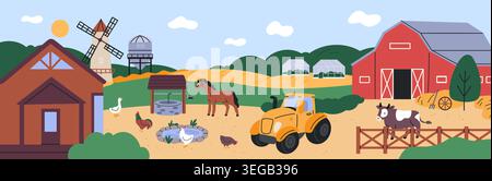 Farm buildings landscape. Panoramic rural scene, tractor, barn, greenhouses and wheat field, agricultural industry, livestock colorful background Stock Vector