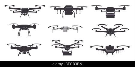 Drone icons. Black silhouettes, unmanned aerial vehicles, aerial photography, monitoring, cargo delivery, military, aerial technology qualitative Stock Vector