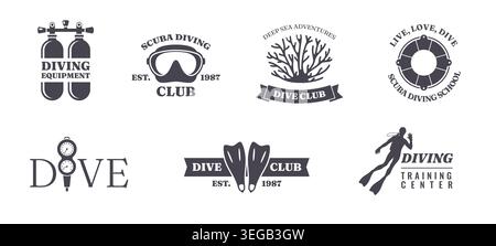 Dive club labels. Underwater swimming emblems, scuba diving school stickers, black silhouettes badges, equipment icons, sport training logo, sea Stock Vector