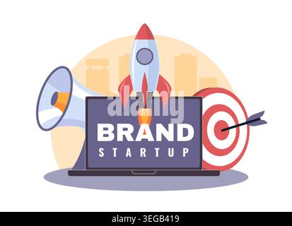 Creating brand. Product promotion and sales strategies, starting business, rocket launching from laptop, startup marketing, goal targeting, strategic Stock Vector