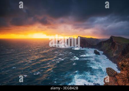 Epic Sunrise over Ponta de Sao Lourenzo Coastline in Madeira Stock Photo