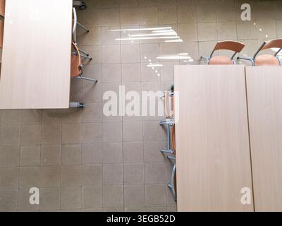 Empty Classroom Desks And Chairs From Above Stock Photo