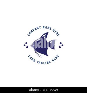 Retro Freshwater Fish Emblem Featuring Marine Angelish Swimmer With Water Bubbles Silhouette Stock Vector