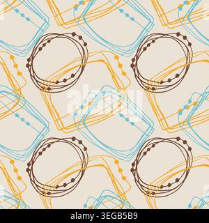 Seamless abstract doodle pattern with turquoise orange and brown hand drawn scribbles and tangled lines on a beige background for modern apparel and t Stock Vector