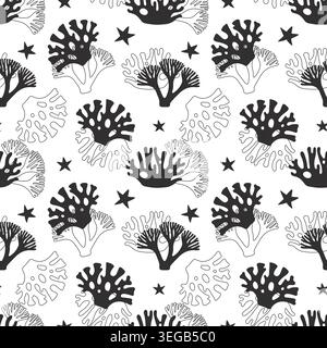 Black and white seamless marine pattern with minimalist coral silhouettes and sea stars for modern textile and packaging design. Vector illustration Stock Vector
