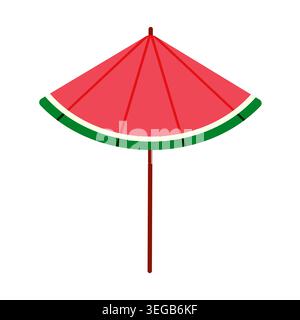 Flat design illustration of a beach umbrella shaped like a watermelon slice with red canopy and green trim on a dark red pole, isolated on white backg Stock Vector