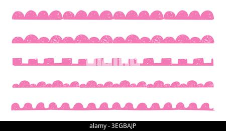 Scribble pink scalloped border set simple divider ornament edge cutout decoration chalk or crayon texture. Wavy edge frames brush, dividers. Vector illustration Stock Vector