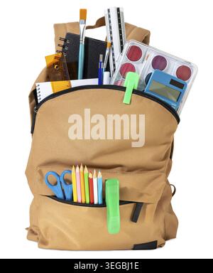 School backpack overflowing with Stationery Supplies isolated on white background, ready for back to school season Stock Photo