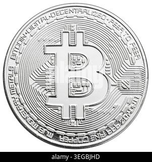 Silver Bitcoin coin isolated on white background Stock Photo